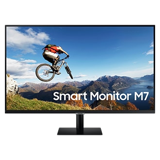 Front view of the Samsung M7 Monitor's 32 inch display with 3,840 x 2,160 resolution, 16:9 aspect ratio, 8 (GTG) ms response time, and 250cd/㎡ brightness.