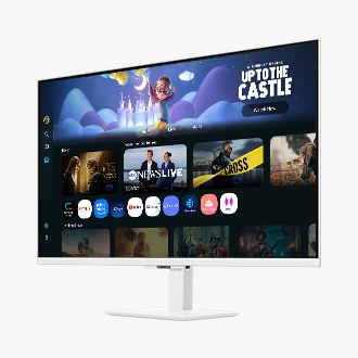 Front-left perspective of 32 inch Samsung Smart Monitor M5. Screen showing Smart TV Apps page with various content and apps lined up.