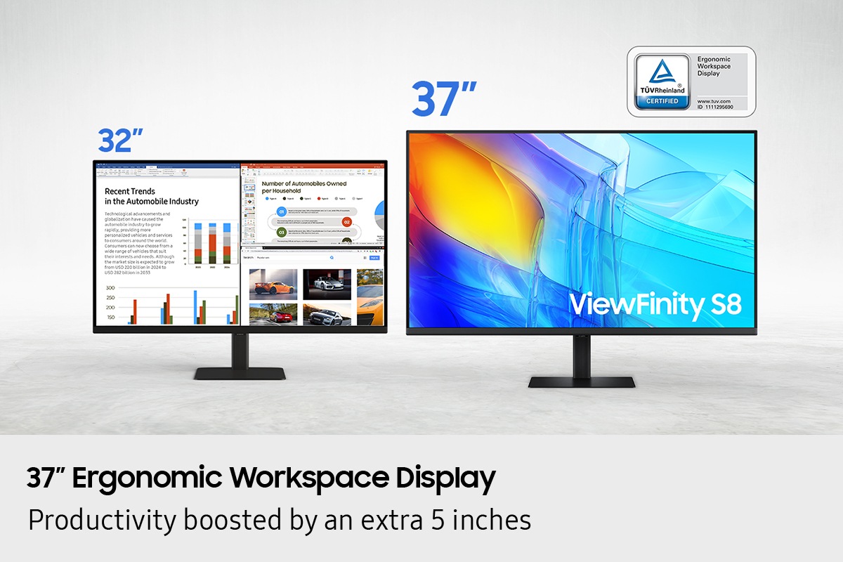 37” Ergonomic Workspace Display. Productivity boosted by an extra 5 inches. A 32" screen and a 37" screen both show three different pieces of content related to the car industry. TUVRheinland® CERTIFIED Ergonomic Workspace Display www.tuv.com ID 1111295690 logo.