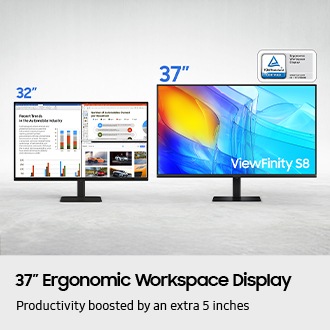 37” Ergonomic Workspace Display. Productivity boosted by an extra 5 inches. A 32" screen and a 37" screen both show three different pieces of content related to the car industry. TUVRheinland® CERTIFIED Ergonomic Workspace Display www.tuv.com ID 1111295690 logo.