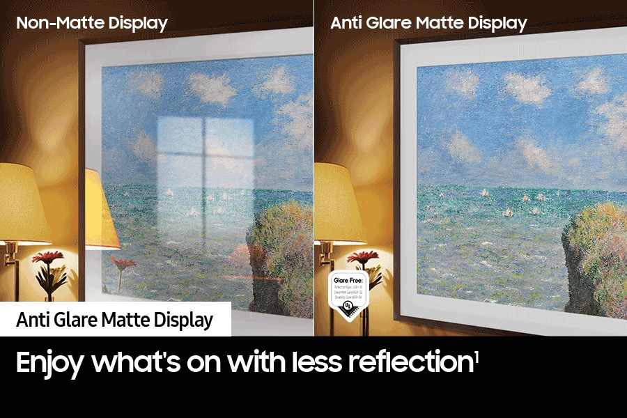 The left side of the screen with the word 'Non-Matte Display' shows The Frame displaying an artwork full of reflections. The right side of the screen with the words 'Matte Display' shows The Frame with the same painting that has no glare. A glare-free certified logo that Reflection Glare UGR < 10 Discomfort Glare UGR < 22 Disability Glare UGR < 34 is on the lower left side.