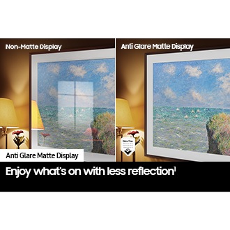 The left side of the screen with the word 'Non-Matte Display' shows The Frame displaying an artwork full of reflections. The right side of the screen with the words 'Matte Display' shows The Frame with the same painting that has no glare. A glare-free certified logo that Reflection Glare UGR < 10 Discomfort Glare UGR < 22 Disability Glare UGR < 34 is on the lower left side.