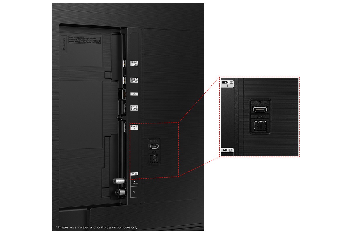 Samsung 2024 QLED 4K Q60D has USB, HDMI, LAN, atenna ports and etc. on  the side.