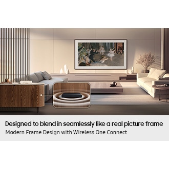 'The Frame TV mounted on a minimalist living room wall, displaying a classic painting that blends naturally with the surrounding decor. AI Generated Image.