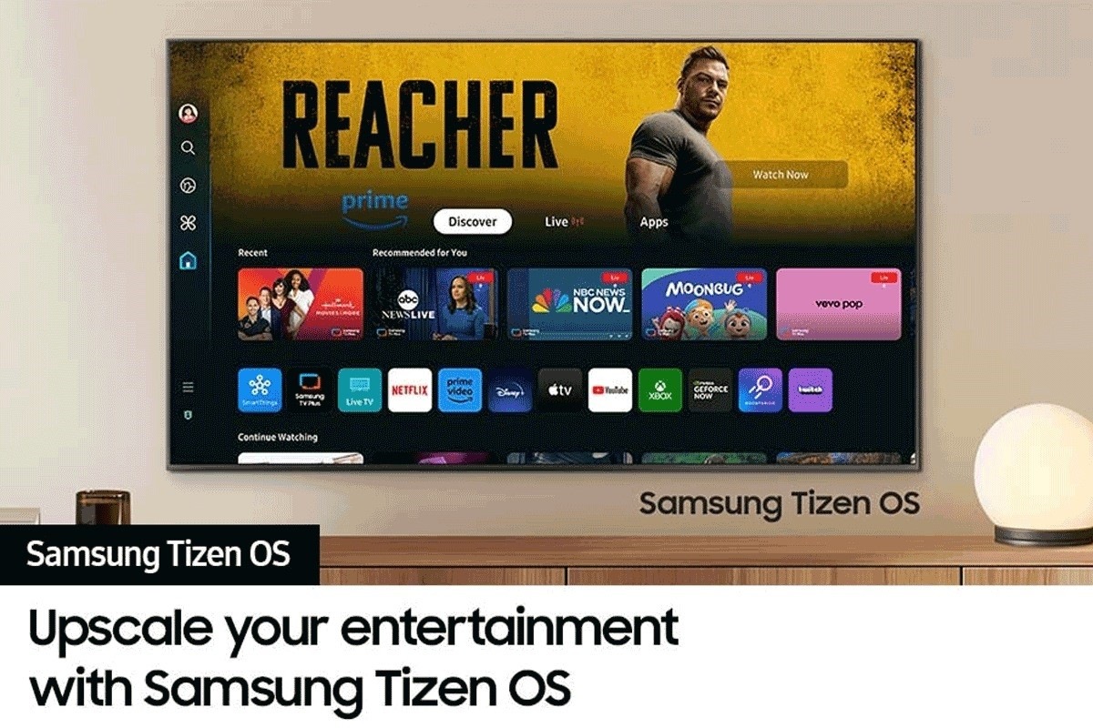 A wall-mounted TV shows popular apps and curated content on the "Samsung Tizen OS" home menu.