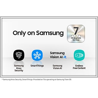 The reasons for Why Samsung TVs are given in a series of icons for Samsung Knox Security, SmartThings, Samsung Vision AI and Endless Free Content. An extra silver icon also states another benefit for Samsung TVs, which is 7 years of OS upgrades for free.