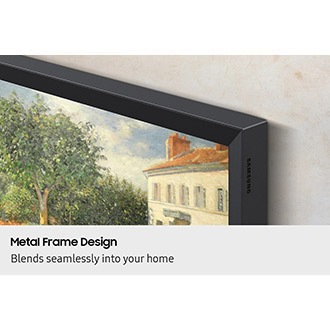 A close-up on a corner of a TV with the metal frame design, which makes it look like a picture frame as it displays artwork.