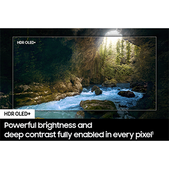 A scene in nature is highlighted at the center in the outline of a TV screen, showing how "OLED HDR+" reveals bright highlights and hidden details in the scene.