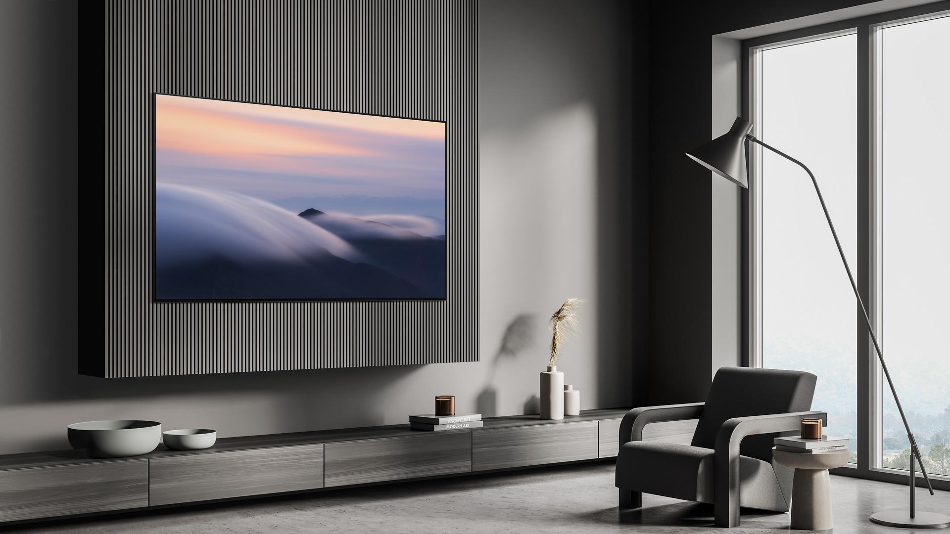 Showcasing the Samsung S90D 65" OLED 4K Tizen OS Smart TV mounted on the wall in a contemporary living room