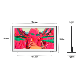 Dimension of Samsung The Frame Pro LS03FW screen only (1685.3 x 965.4 x 26.9 mm). Height with Round Feet Black Stand (995.3 mm). Dimension of Round Feet Black Stand (1244.2 x 319.8 mm).