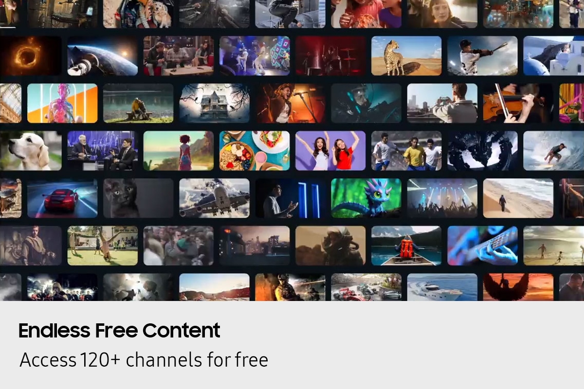 Array of screens showing various content. Aerial shot reveals more screens and vast amount of content available.  Endless Free Content Access 120+ channels for free. Other screens appear. Experience, smart, beyond. Screens move to the side as if scrolled through. TV show, sports, movie, drama, music. Upscale Your Entertainment.