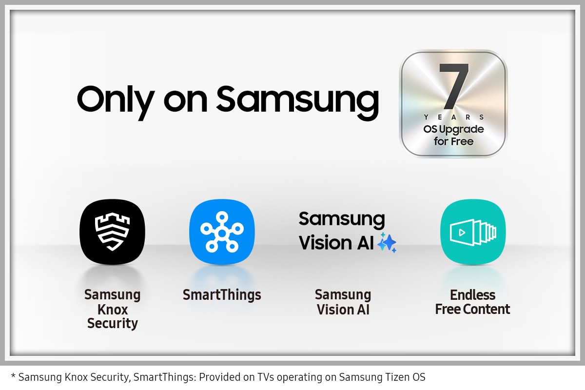 The reasons for Why Samsung TVs are given in a series of icons for Samsung Knox Security, SmartThings, Samsung Vision AI and Endless Free Content. An extra silver icon also states another benefit for Samsung TVs, which is 7 years of OS upgrades for free.