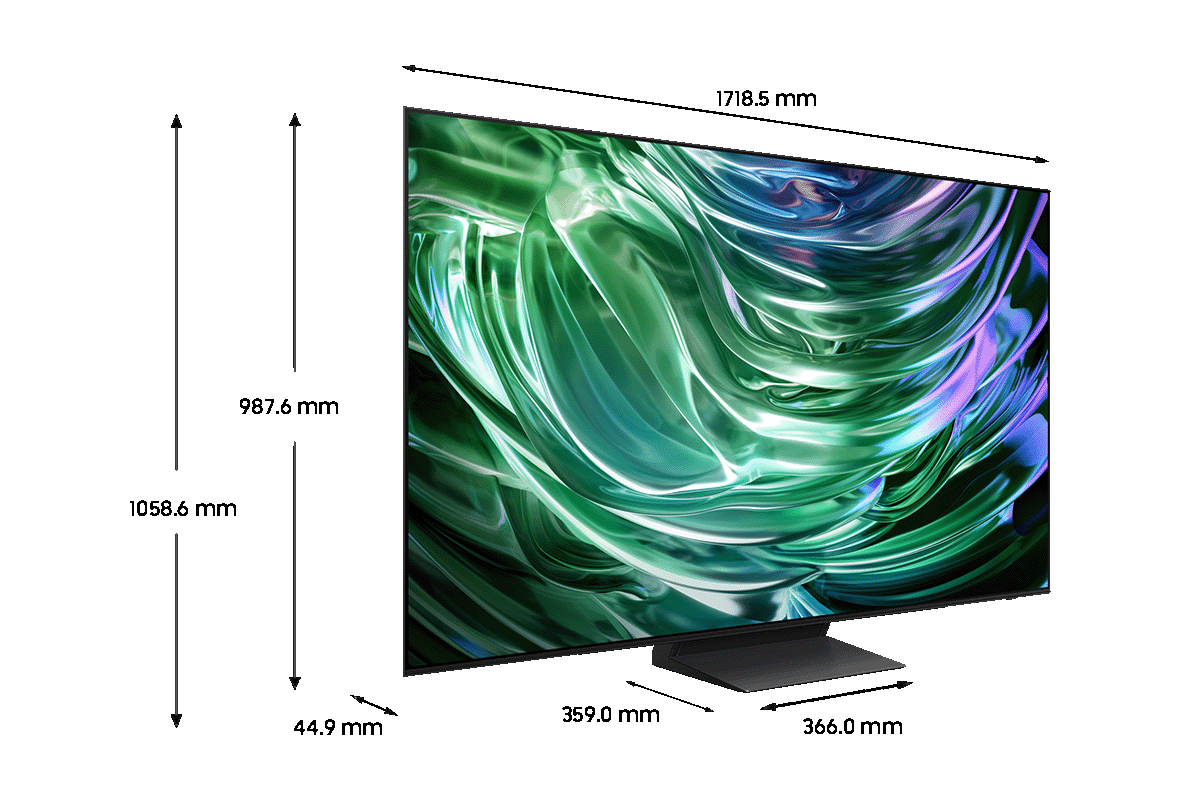 Net dimensions of Samsung S90D 77" OLED 4K Tizen OS Smart TV, available for purchase at Samsung New Zealand