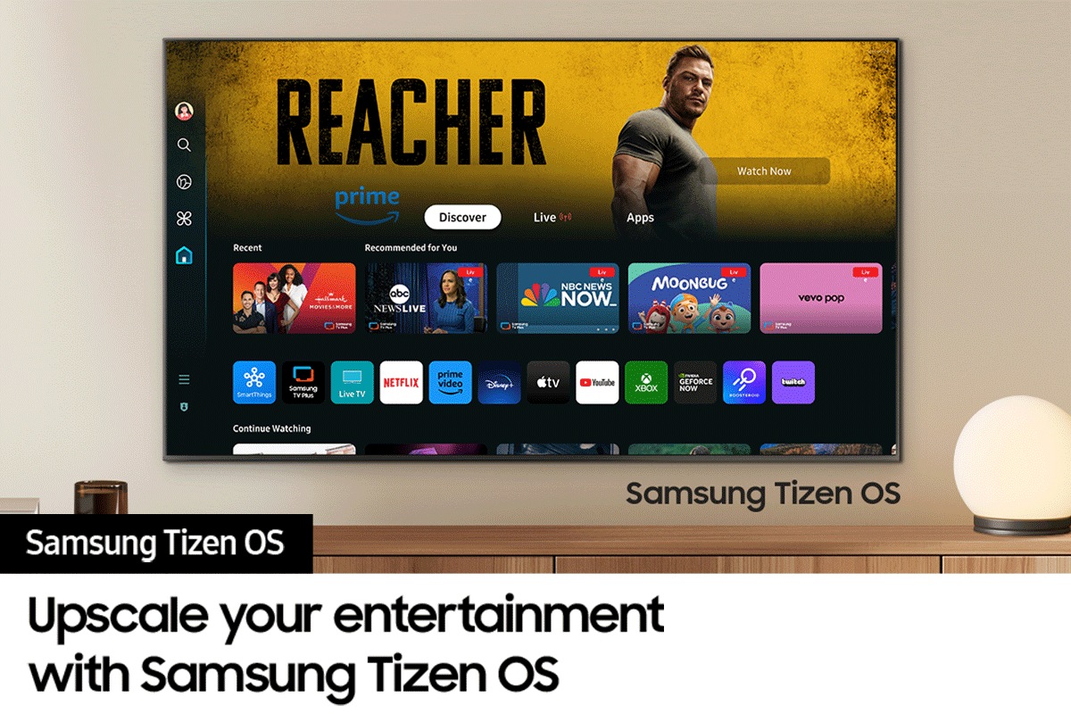 A wall-mounted TV shows popular apps and curated content on the "Samsung Tizen OS" home menu.