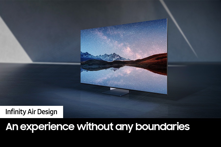 QN900D's Infinity Air Design shows the screen and stand with a scenic mountain range displayed.