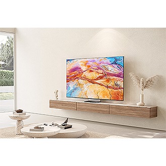 Showcasing the front of Samsung QN900D 85-inch Neo QLED 8K Tizen OS Smart TV in a warm living room setup