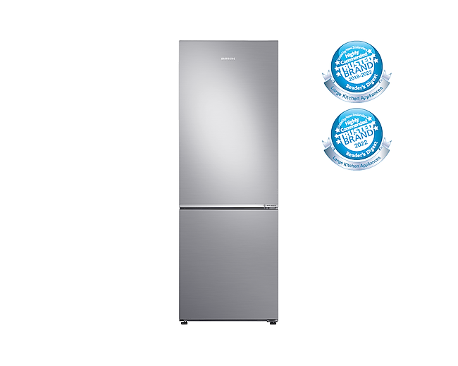Front view of the Samsung 310L Bottom Mount Fridge (SRL335NLS) in Silver colour.