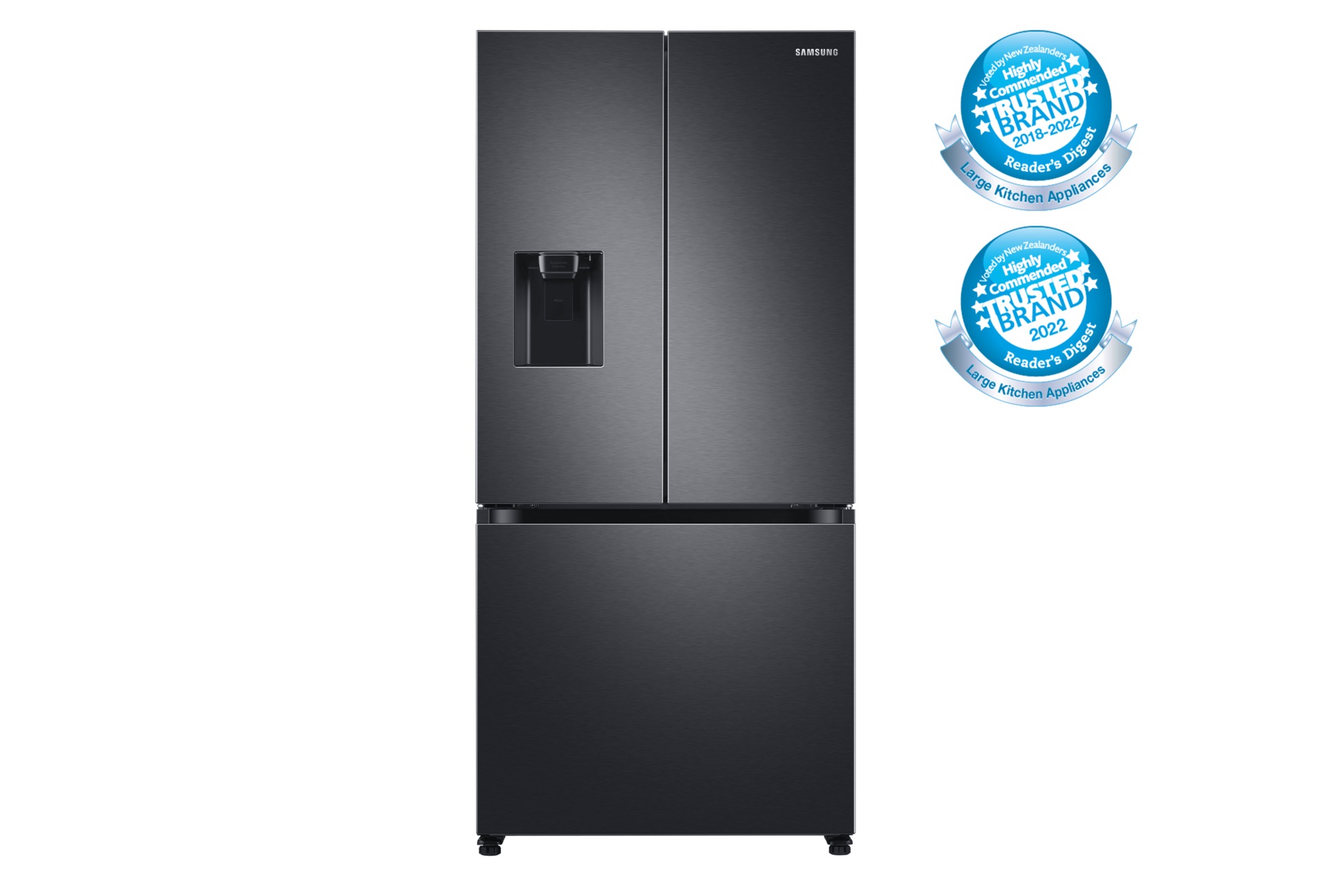 Front view of the Samsung 495L French Door Fridge (SRF5300BD) in Black colour.