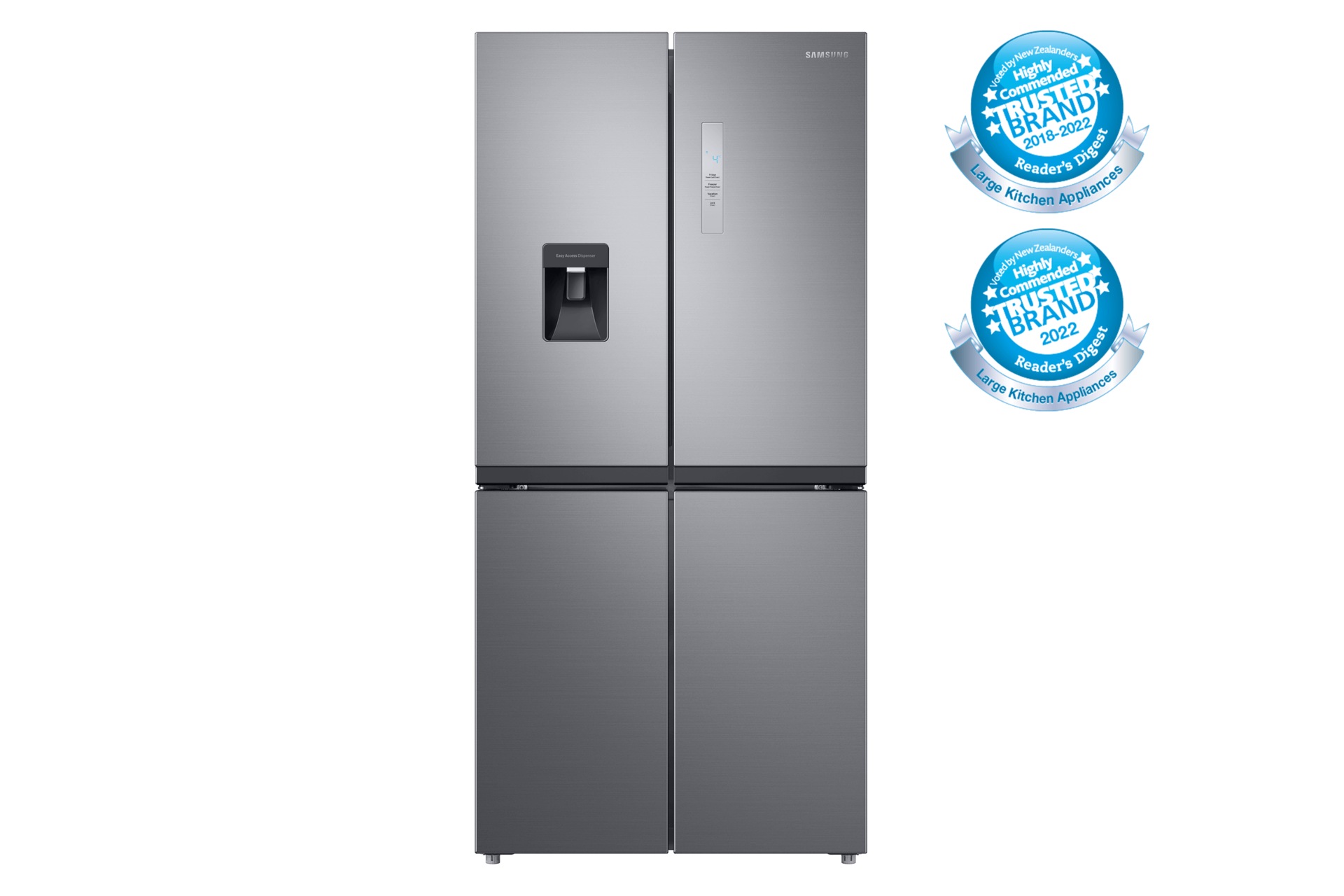 Front view of the Samsung 488L French Door Fridge (SRF5700SD) in Silver colour.