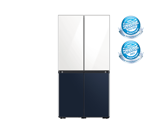 Front view of the Samsung 596L French Door Refrigerator (SRFX9500N) in Blue & White Colour.