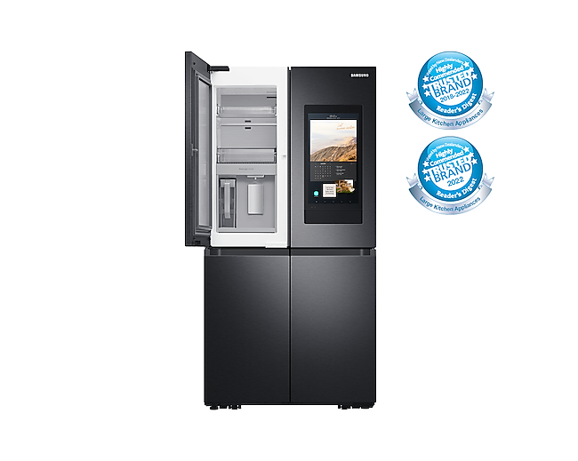 Front view of the Samsung 637L Family Hub French Door Fridge (SRF9300BFH) in Black colour with the left top door open with no food in it. 