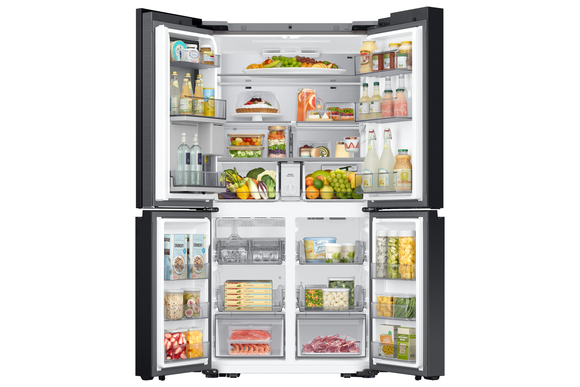 BESPOKE RF9000 T style French Door Refrigerators with 32” Family Hub Front-Open-With-Food2 Stainless Steel 