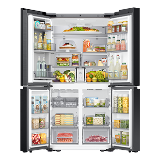 BESPOKE RF9000 T style French Door Refrigerators with 32” Family Hub Front-Open-With-Food2 Stainless Steel 