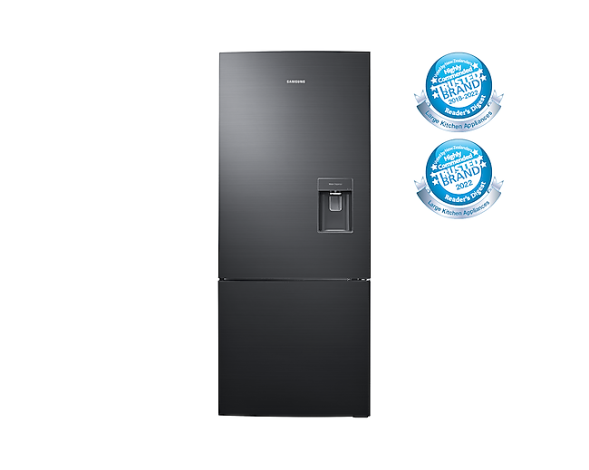 Front view of the Samsung 424L Bottom Mount Fridge (SRL447DMB) in Black colour.