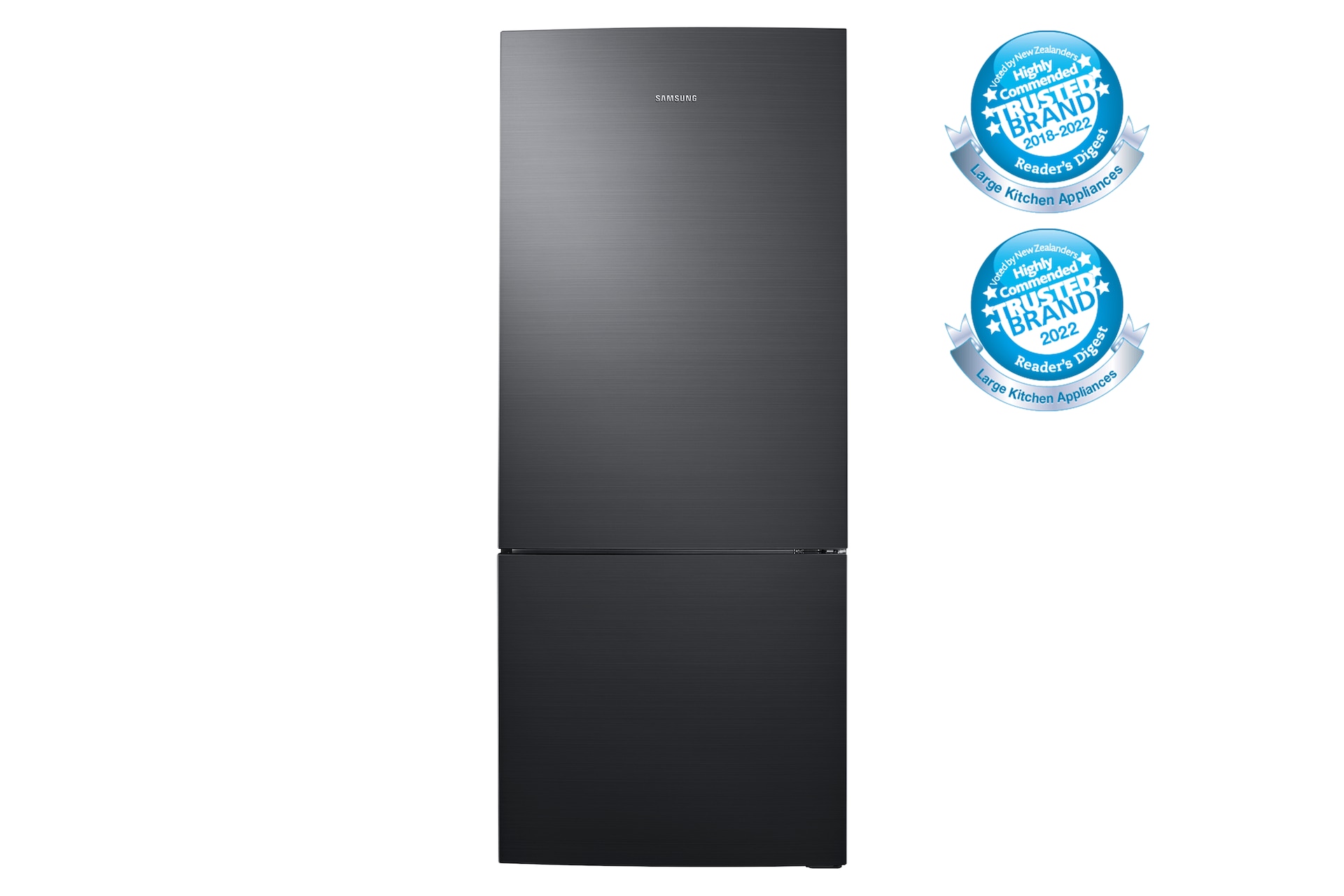 Front view of the Samsung 427L Bottom Mount Fridge (SRL459MB) in Black colour.