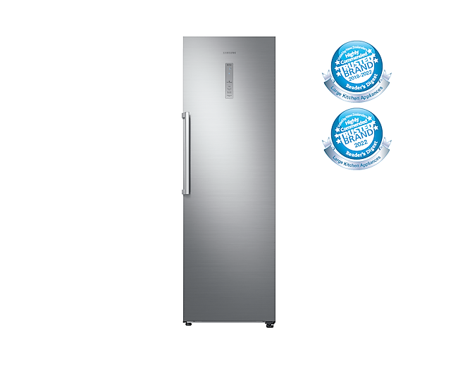 Front view of the Samsung 387L Single Door Fridge (SRP406RS) in Silver colour.