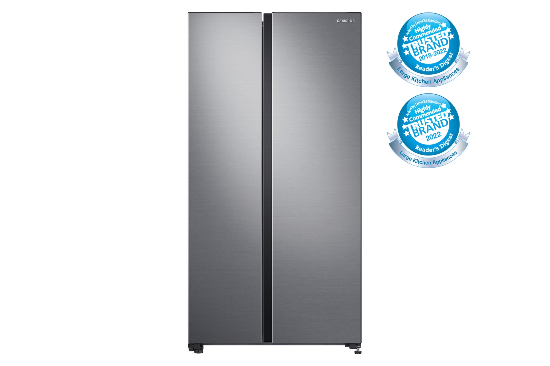 Front view of the Samsung 655L Side By Side Fridge (SRS694NLS) in Silver colour.