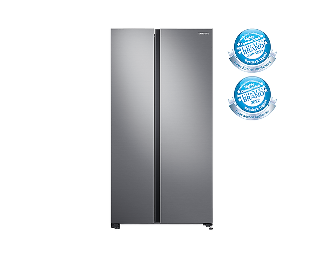 Front view of the Samsung 655L Side By Side Fridge (SRS694NLS) in Silver colour.