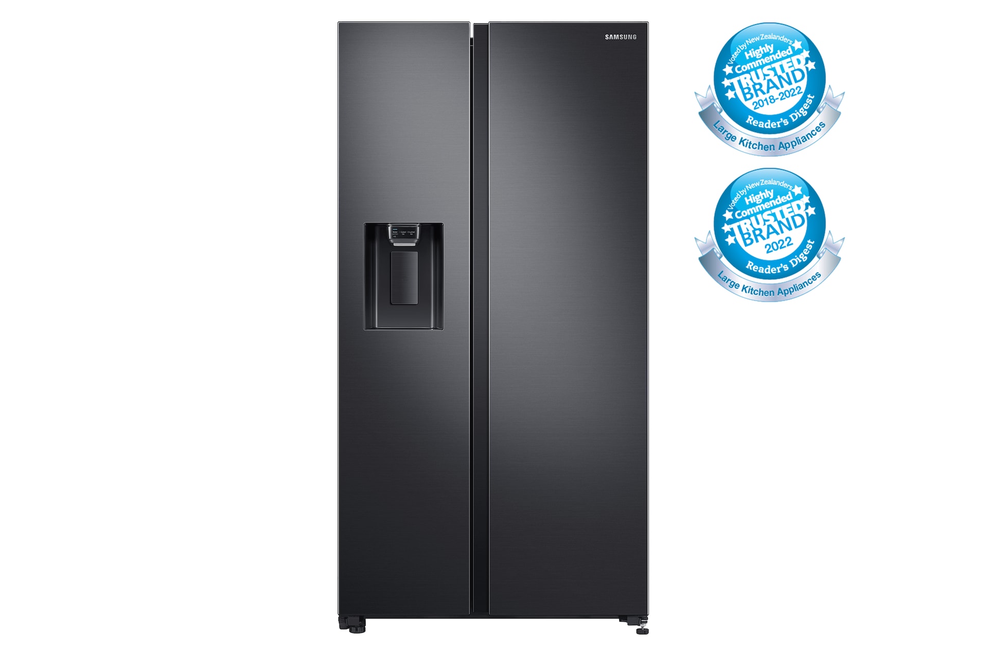 Front view of the Samsung 635L Side By Side Fridge (SRS672DMB) in Black colour.