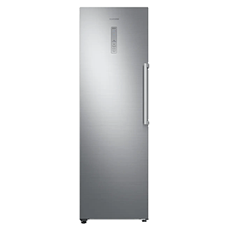 Front view of the Samsung 323L Single Door Freezer (SFP346RS) in Refined Steel