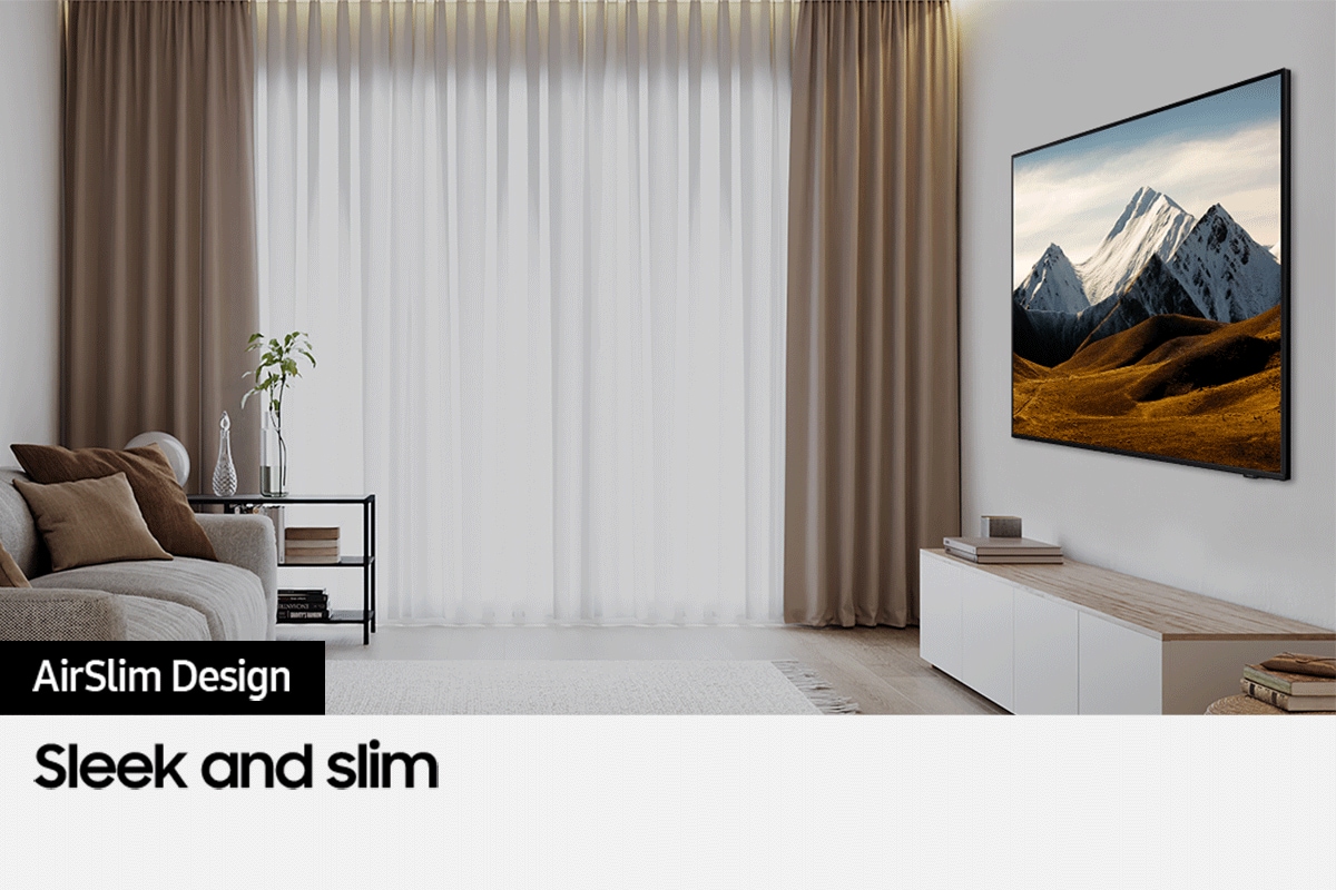 Crystal UHD DU8500 is displaying picture with brown fields and snowy mountains in the living room