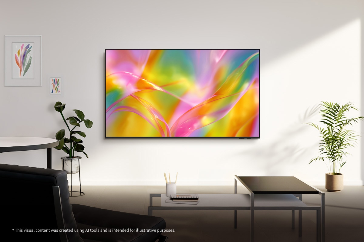 Samsung M60H TV mounted on the wall in a bright living room displaying a vibrant abstract  scene.