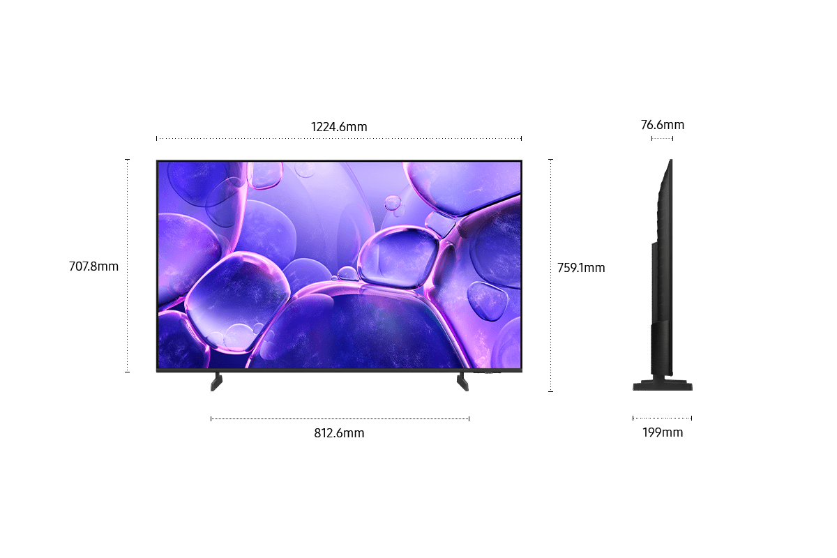 Dimension of Samsung Crystal UHD U8000F screen only (1224.6 x 707.8 x 76.6 mm). Height with Black Basic feet Stand (759.1 mm). Dimension of Black Basic feet Stand. (812.6 x 199 mm).