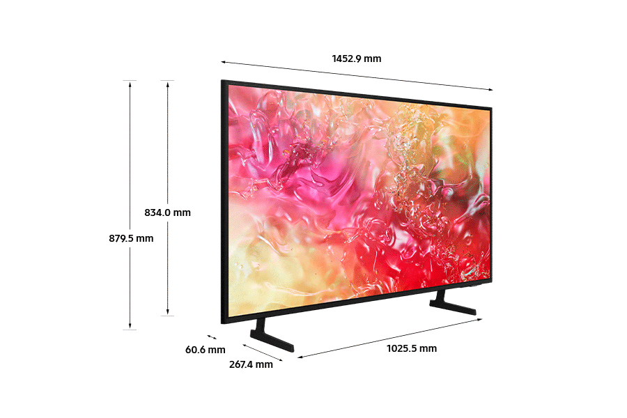 Dimension of Samsung UHD TV(1452.9 x 879.5 x 60.6 mm) DU7000 with titangray feet stand