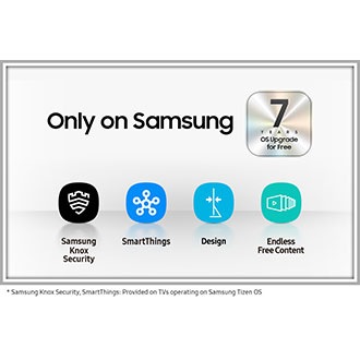 The reasons for Why Samsung TV are given in a series of icons for Samsung Knox Security, SmartThings, Design and Endless Free Content. An extra silver icon also states another benefit for Samsung TVs, which is 7 years of OS upgrades for free.
