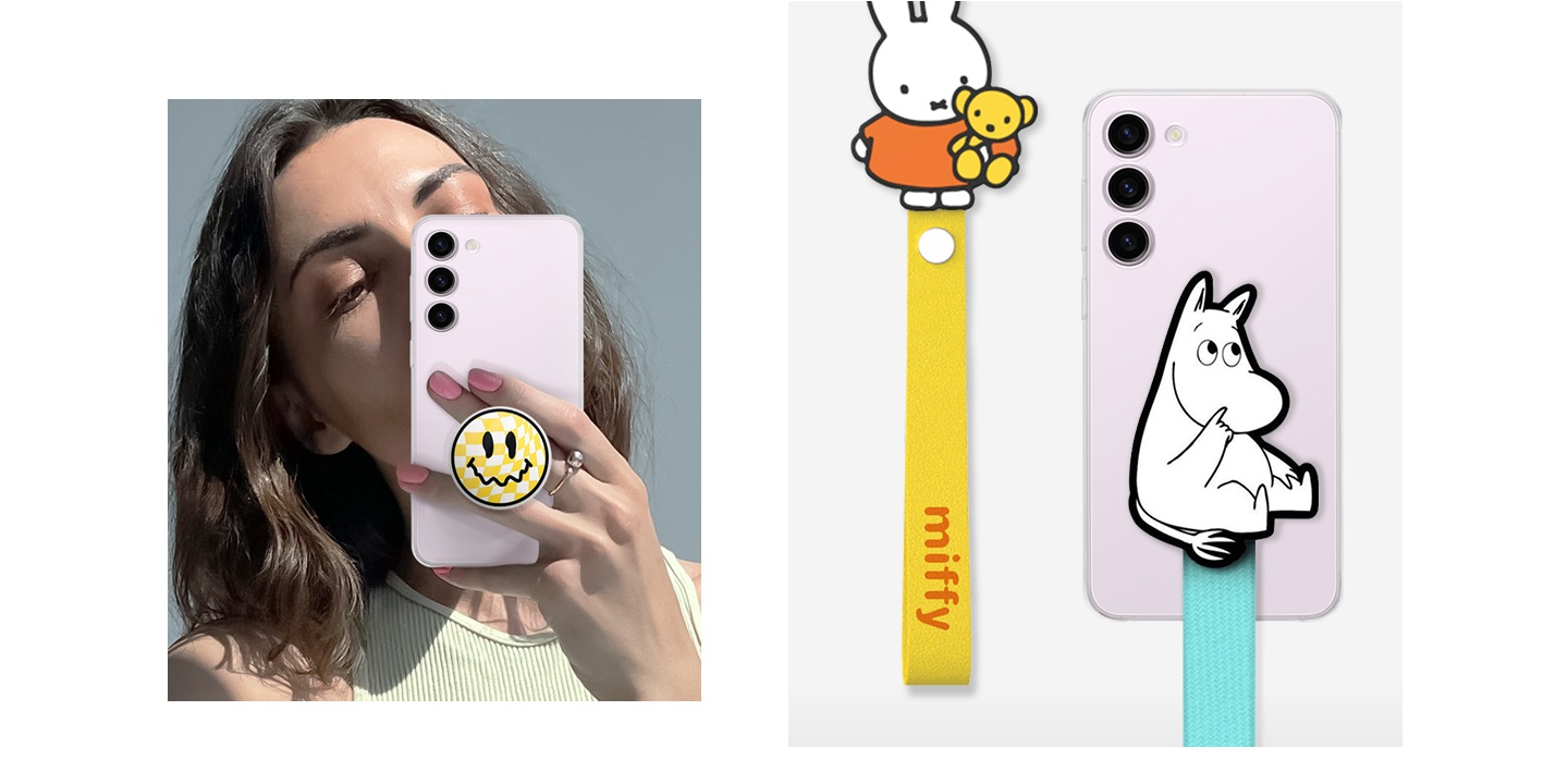 Una mujer sostiene su smartphone Galaxy S23+ con un soporte de agarre con diseño personalizado. Se muestran diferentes diseños de marca para las correas de muñeca y de gancho.