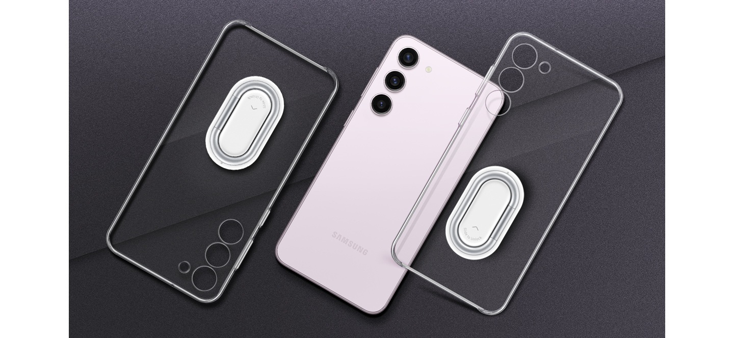 Se muestra la vista posterior de un smartphone Galaxy S23+ con dos cubiertas transparentes del dispositivo que se desplazan sobre el dispositivo y resaltan su transparencia y la claridad.
