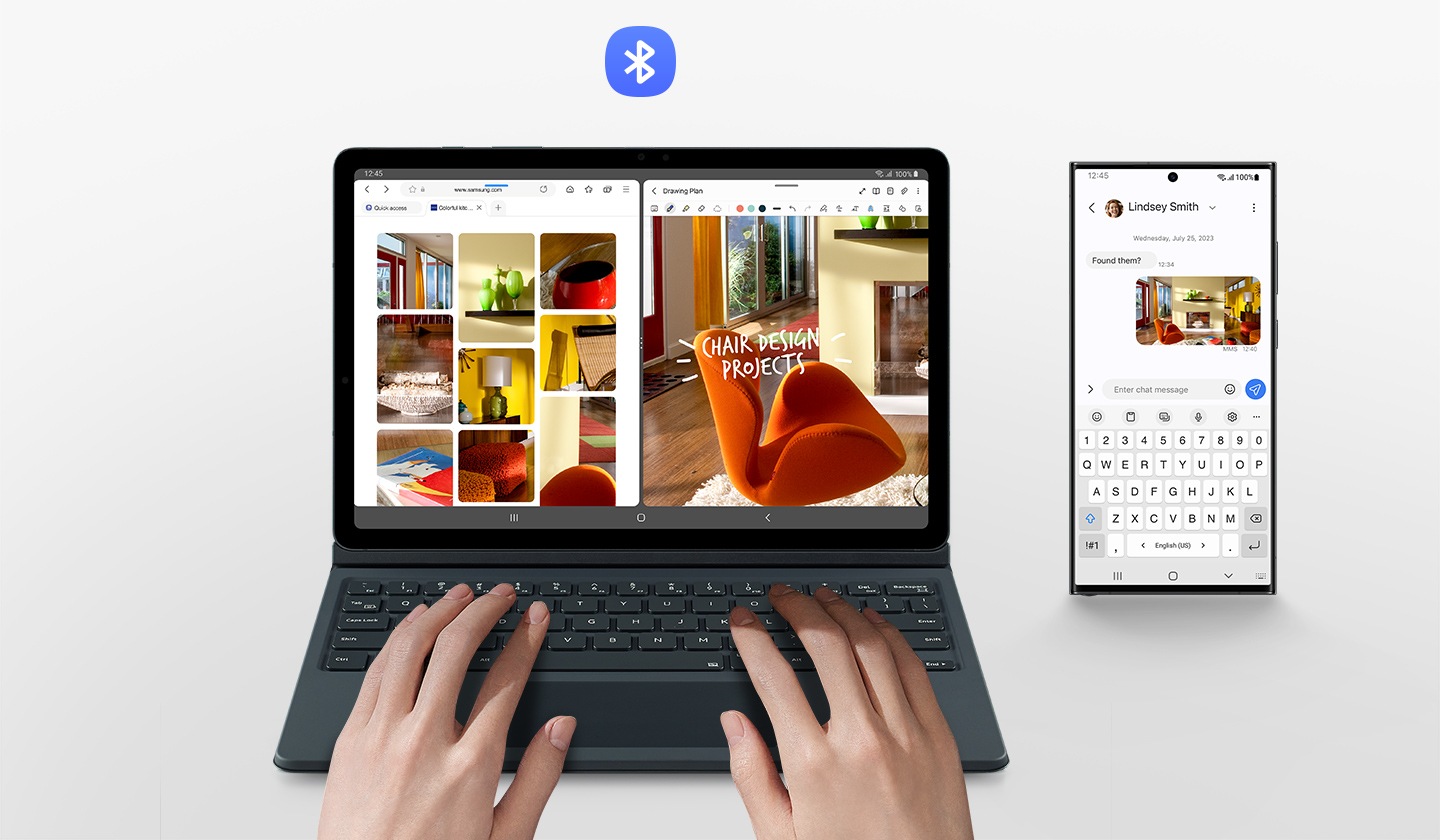 Una persona está usando la Galaxy Tab S9 con el Book Cover Keyboard. Su pantalla está dividida en dos ventanas con varios resultados de imágenes de muebles domésticos en la web y una de las imágenes se está editando. Un teléfono inteligente Galaxy con la imagen en la pantalla mientras se escriben letras con el teclado de la portada. Se muestra el logotipo de Bluetooth.
