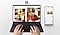 Una persona está usando la Galaxy Tab S9 Ultra con el Book Cover Keyboard. Su pantalla está dividida en dos ventanas con varios resultados de imágenes de muebles domésticos en la web y una de las imágenes se está editando. Un teléfono inteligente Galaxy con la imagen en la pantalla mientras se escriben letras con el teclado de la portada. Se muestra el logotipo de Bluetooth.
