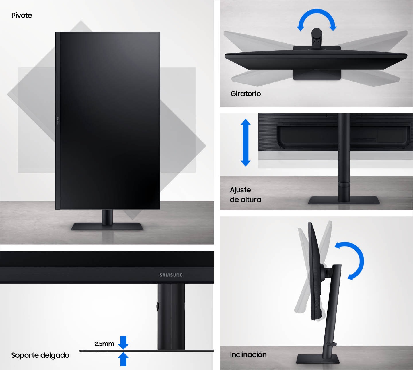 The operating range of the Pivot, Swivel, Height adjustment, and Tilt functions of the S61b monitor is shown as a transparent. And the 2.5mm Slim Stand is enlarged.