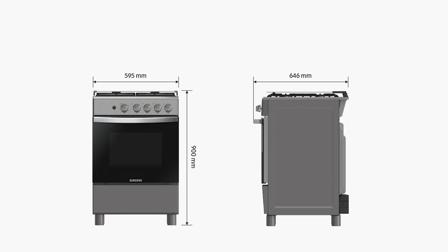 Diagrams highlight the dimensions of the oven: height = 900mm, width = 595mm, depth = 646mm (incl. handle).