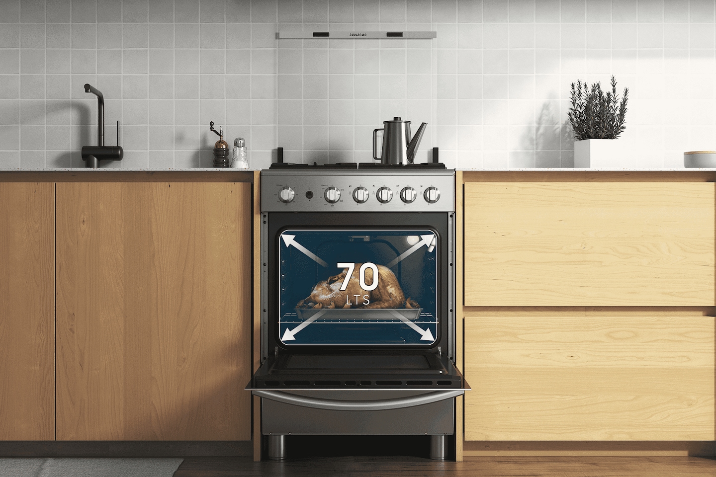 Shows the oven in a modern kitchen, fitted between the cabinets, with a large turkey cooking inside and arrows illustrating its 2.5 cu.  ft.  capacity.