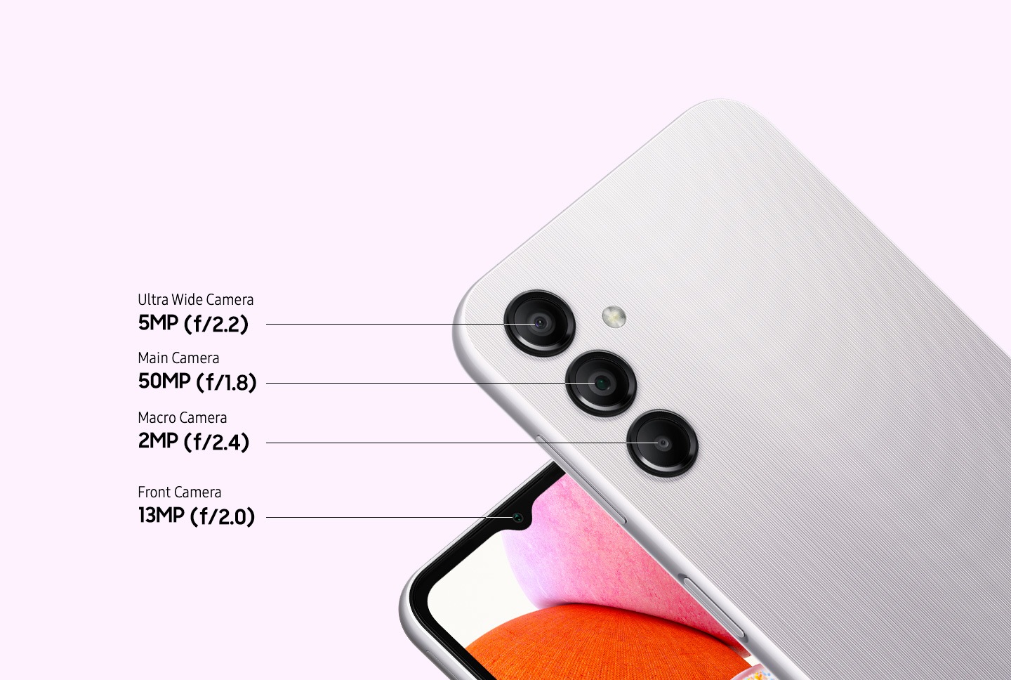 Two devices, both in Silver, show the rear side and front side of the device. On the right, the rear side of the device shows the 5MP f2.2 Ultra-wide camera, 50MP f1.8 Main camera, and 2MP f2.4 Macro camera. On the left, the front side of the device shows the 13MP f2.0 Front camera.