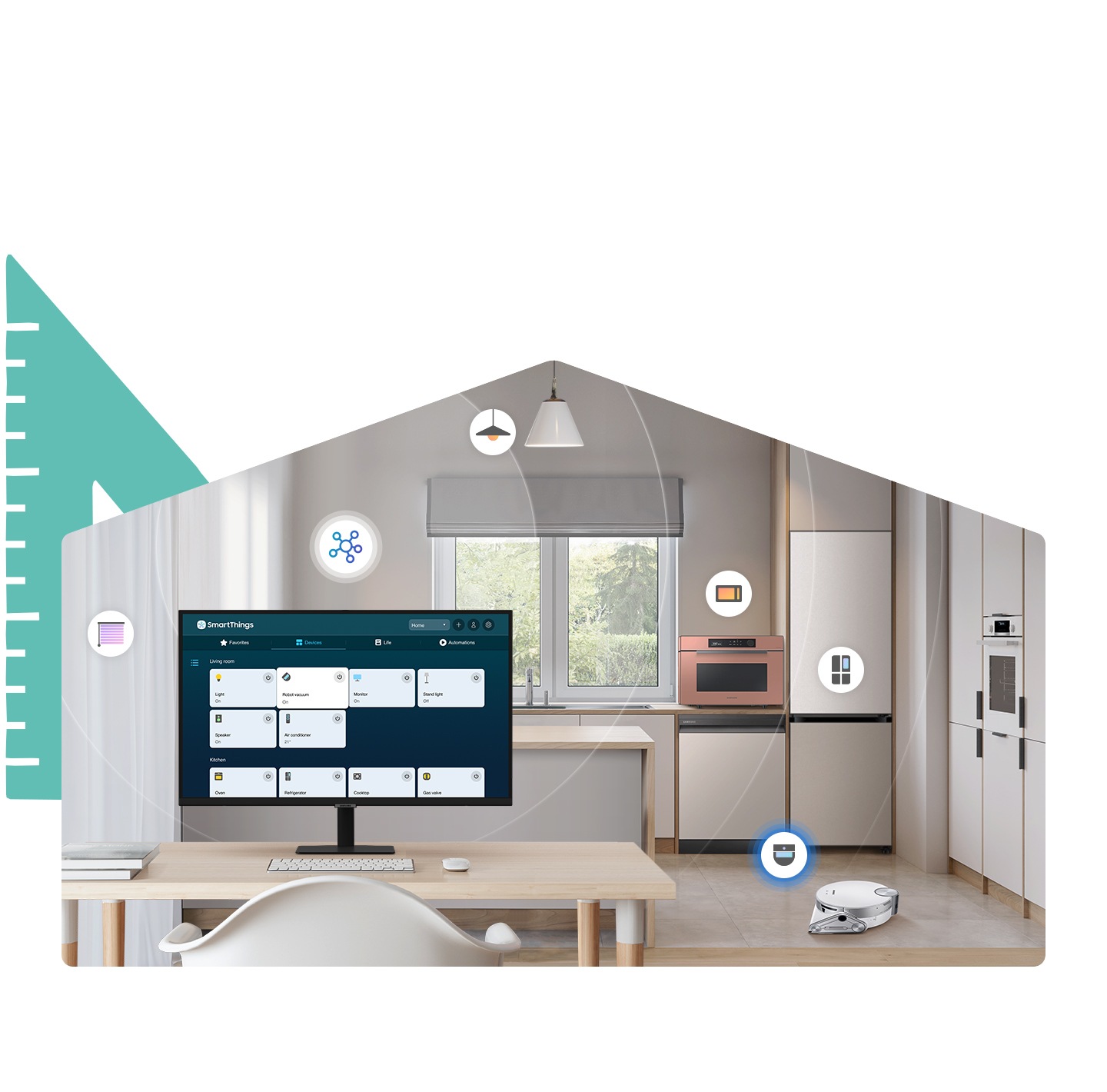 A room contains a desk with a monitor on top, a smart light, a smart curtain, a smart robot vacuum, a smart oven and a smart fridge. Above each smart home item is an icon representing each item.