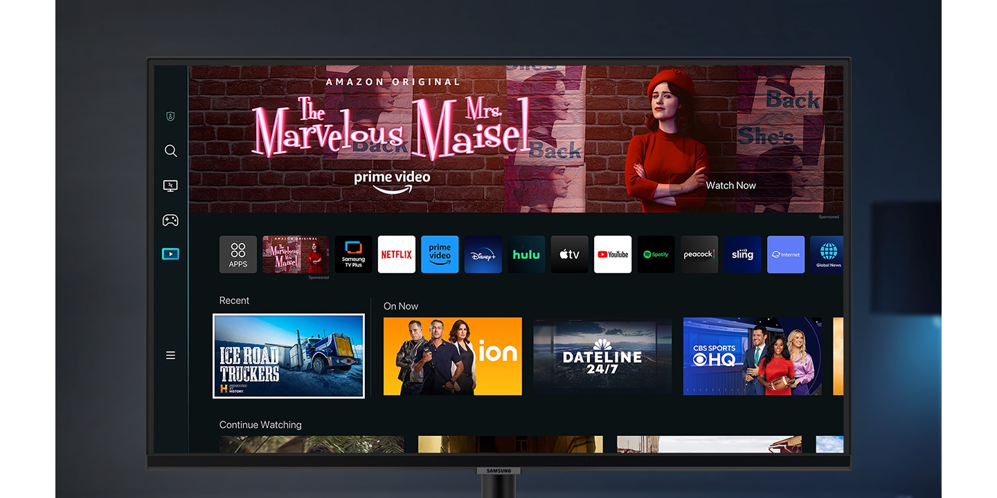 There is a monitor. Then a mouse appears, and it clicks Amazon Prime Video. A content is played, and there are circles to represent built-in speakers. On the bottom of the screen, there are prime video logo and the content title, 'The Marvelous Mrs Maisel'. Lastly, the Media home UI appears.