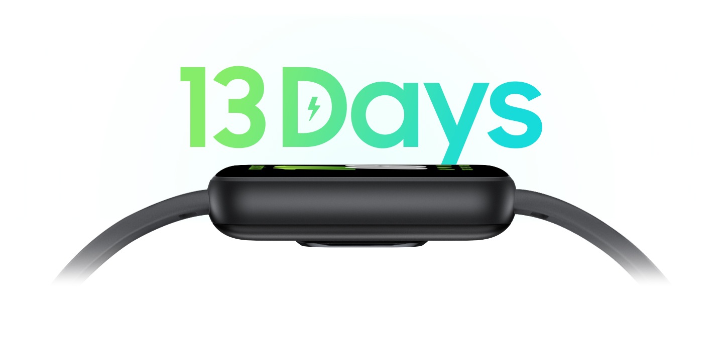 El Galaxy Fit3 muestra su lado con una carga de batería del 0 al 65 % y el tiempo de carga de 30 minutos. La batería se carga hasta un 100 % y se muestra el tiempo de funcionamiento de la batería de 13 días.